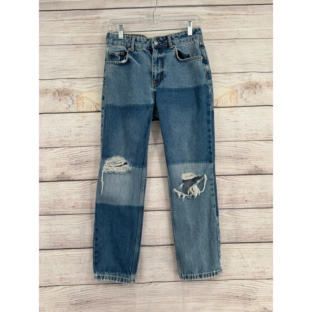Free People Crop Patchwork Style Jeans Womens 27 Blue Medium Light Wash